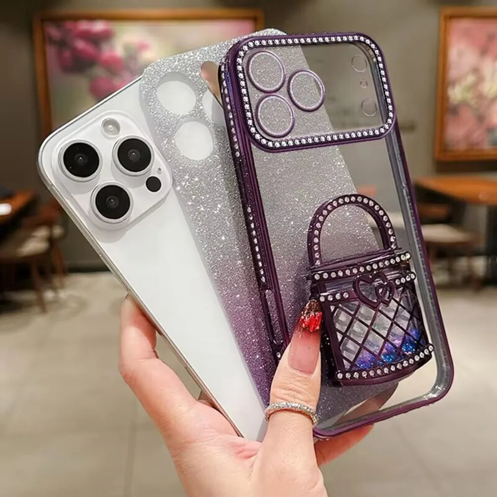 For iPhone17/15/14/13/12promax Rhinestone Phone Case Makeup Mirror Holder Quicksand Glitter Case RELUX.STORE