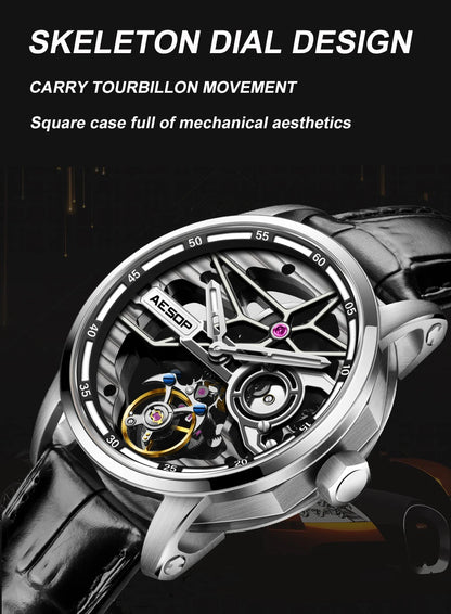 AESOP Men Flying Tourbillon Mechanical Full Skeleton Waterproof Watches Top Brand Luxury Watch for Men Sapphire With Diamond Man
