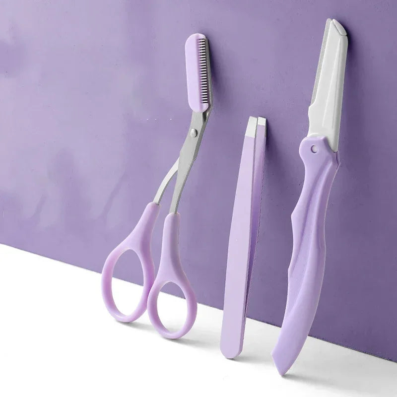 Private Label 3Pcs/Set Makeup Tools Portable Eyebrow Trimming Set Eyebrow Razor Eyebrow Scissors with Comb RELUX.STORE