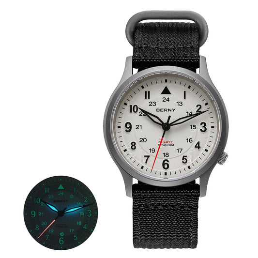BERNY Titanium Watches for Men Classic Mens Field Pilot Watch Easy Read Outdoor Quartz Wristwatch Super Luminous Sapphire 5ATM