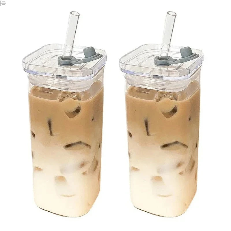 Square Heat Resistant Coffee Glass Cup With Lid and Straw Transparent Milk Tea Juice Cups Coffee Mug For Home Bar Drinkware