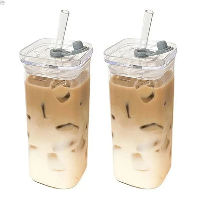Square Heat Resistant Coffee Glass Cup With Lid and Straw Transparent Milk Tea Juice Cups Coffee Mug For Home Bar Drinkware