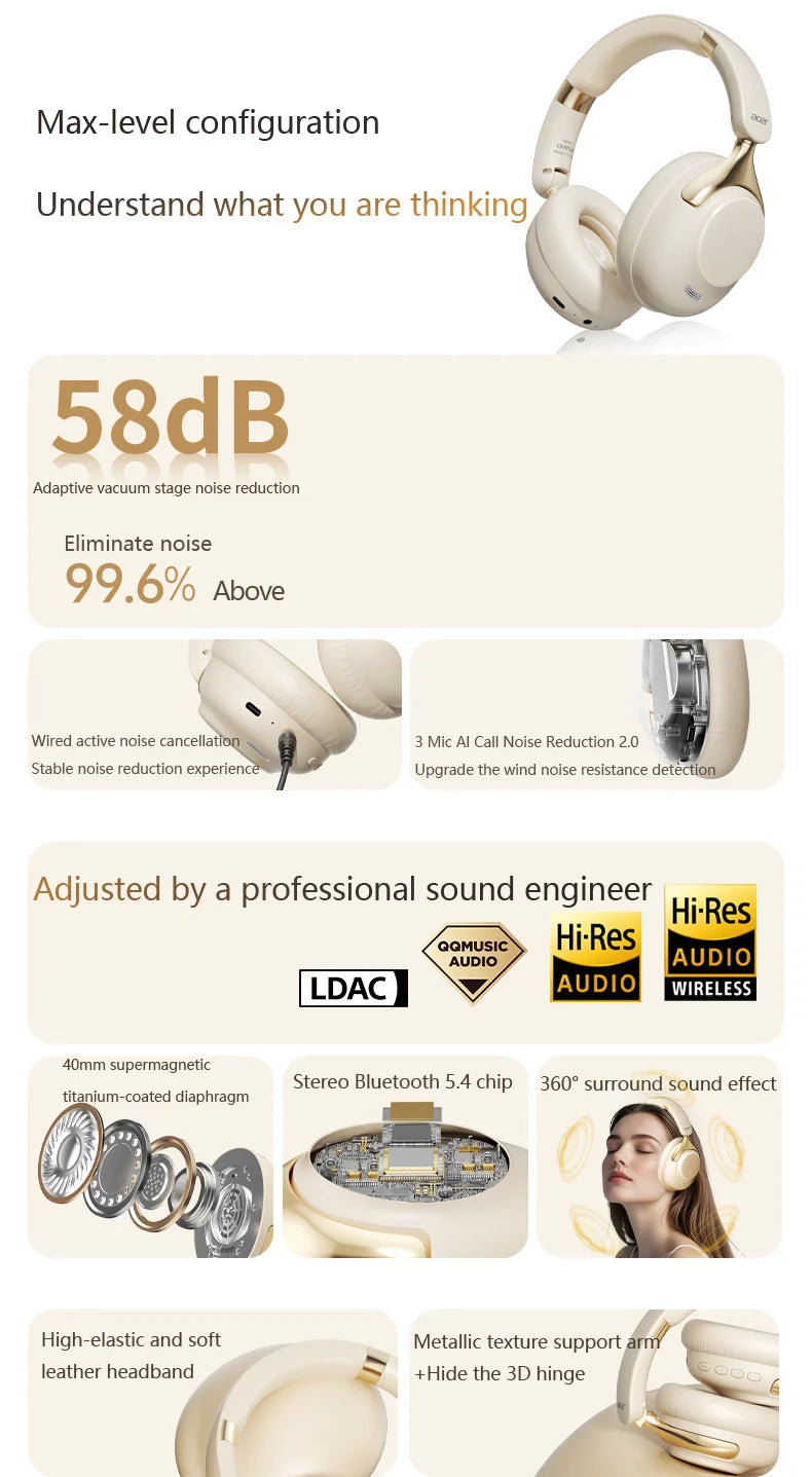 Acer OHR524 ANC Wireless Headphones with HD Mic 360° Surround Sound Headsets Gamer Sports Bluetooth Earphones Noise Reduction