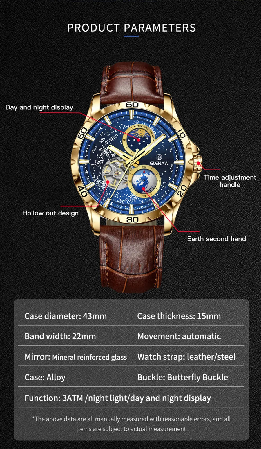 GLENAW Rotating Earth Double Second Hand WristWatch Men Automatic Mechanical Watch Starry Sky Stainless Steel Leather Watchband