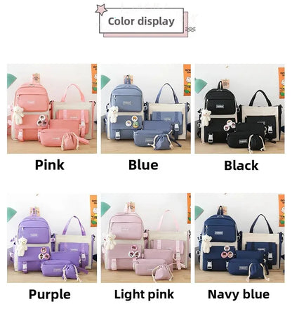 Five-Piece Set Large Capacity Fashionable Double Shoulder Backpack for Junior And High School Girls Primary School Students
