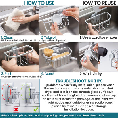 TAILI Sponge Holder for Kitchen Sink with Strong Suction Cup Removable, Rustproof Aluminum Sink Caddy for Sponge, Brush