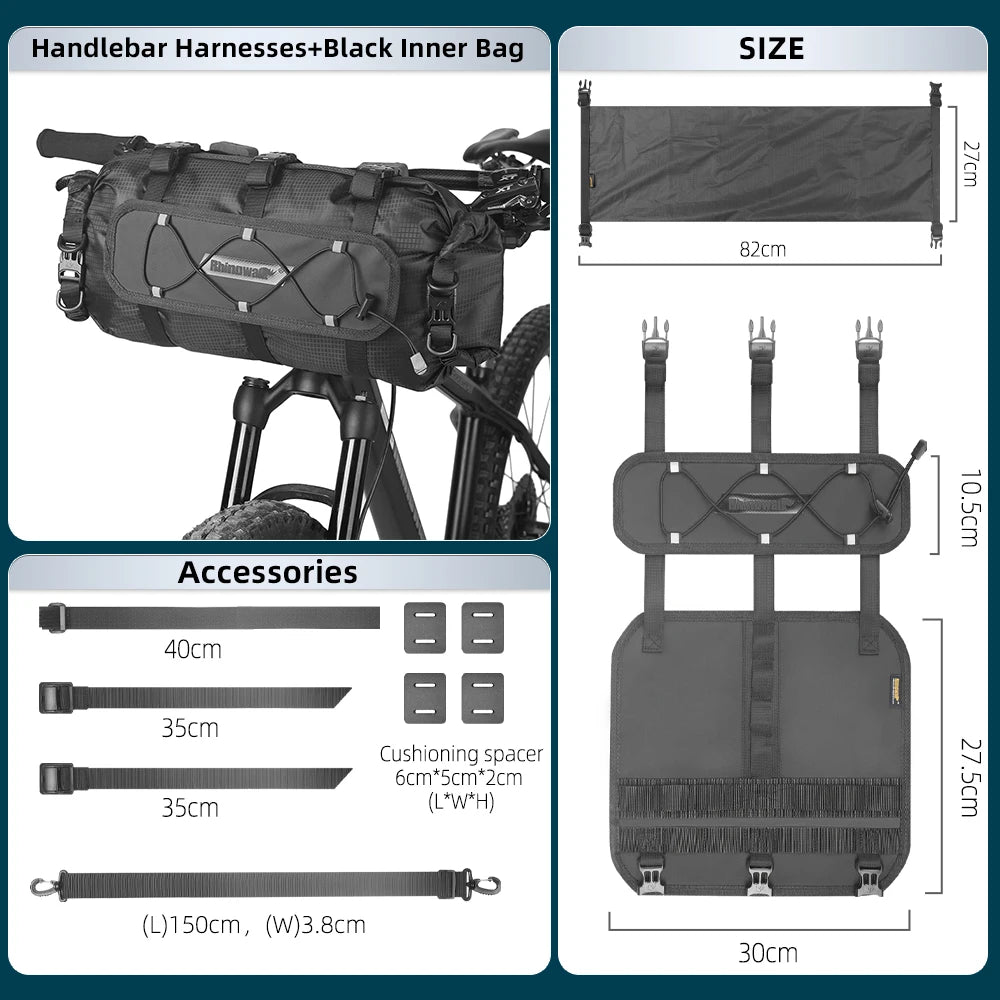 Rhinowalk Bicycle Handlebar Bag 12L Waterproof Bike Mounts Set Bike Bag Base With Replaceable Inner Dry Bag Luggage Storage