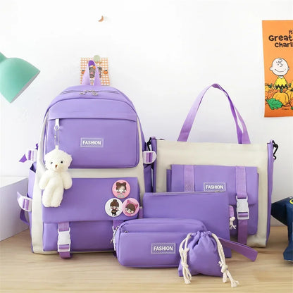 Five-Piece Set Large Capacity Fashionable Double Shoulder Backpack for Junior And High School Girls Primary School Students