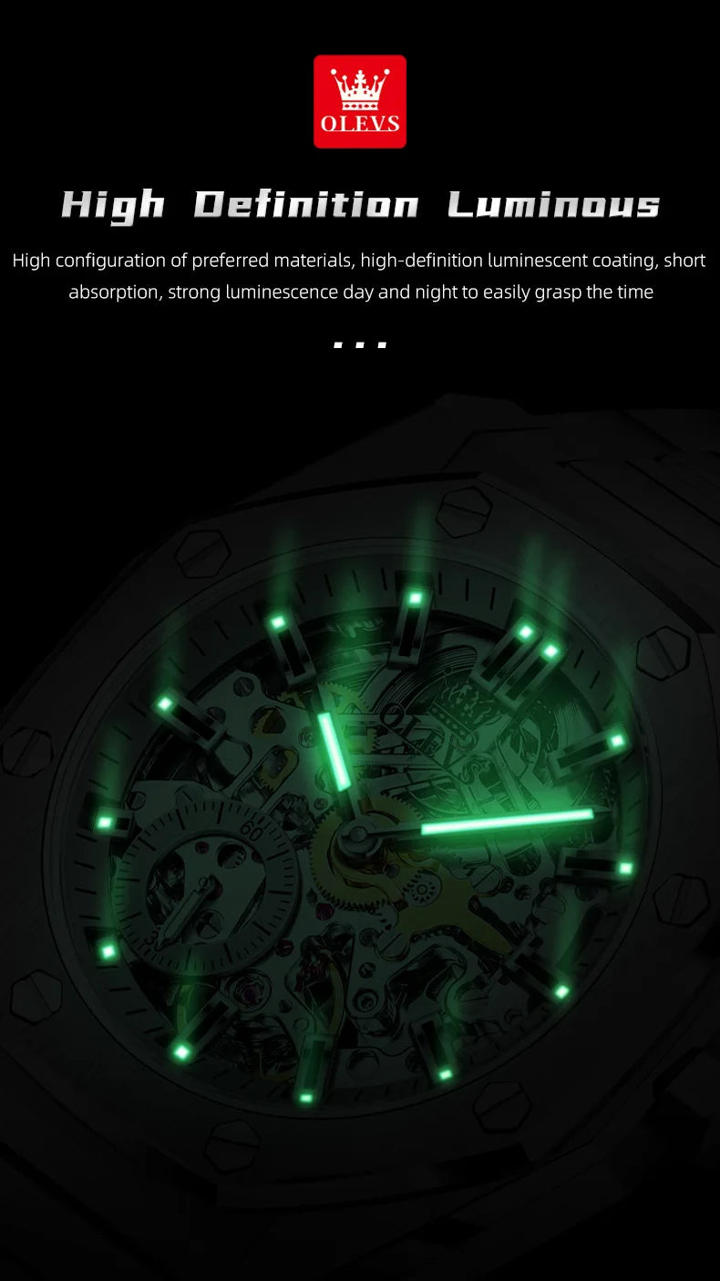 OLEVS Men's Watch Top Brand Luxury Hollowing Automatic Mechanical Watch Waterproof Luminous Watch for Men Gift Clock