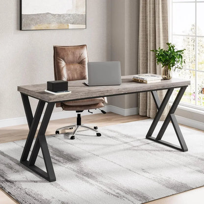Writing Computer Desk, 55 inch Heavy Duty Study Desk with Z-Shaped Metal Leg, Grey