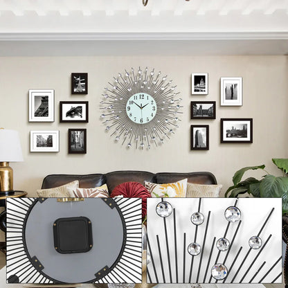 3D Large Metal Sunburst Wall Clock Luxury Battery Operated Home Decor Modern Round Diamond Large Luxury Art Wall Watch 60x60cm