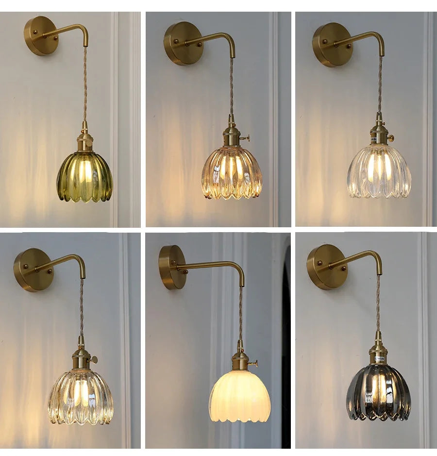 Modern Japanese Retro Floral Glass Wall Lamp Modern Simple Bedside Lamp For Bedroom Study Led Mirror Light Nordic Wall Sconce