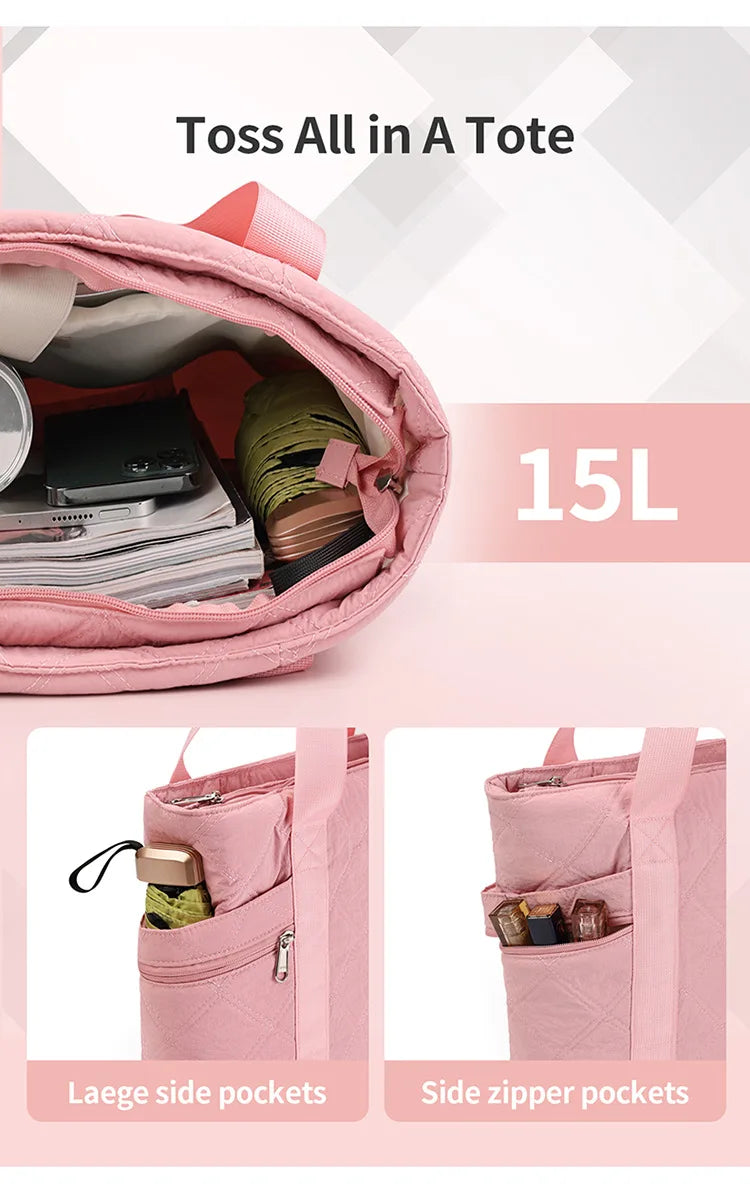 Ladies' Handbag, Cotton Plaid Tote Bag, Quilted and Filled Yoga Fitness Bag, Travel Commuter Shoulder Bag