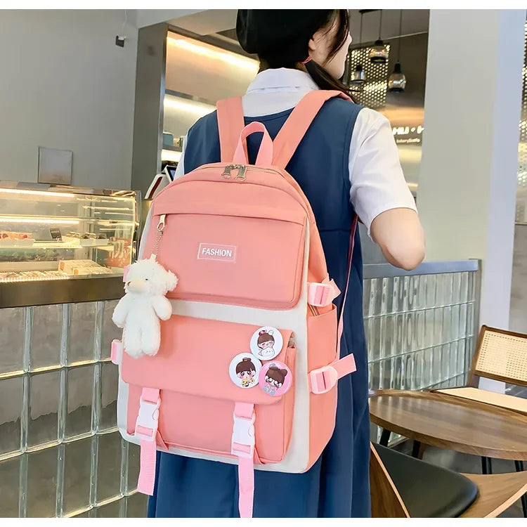Five-Piece Set Large Capacity Fashionable Double Shoulder Backpack for Junior And High School Girls Primary School Students
