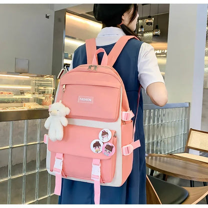 Five-Piece Set Large Capacity Fashionable Double Shoulder Backpack for Junior And High School Girls Primary School Students