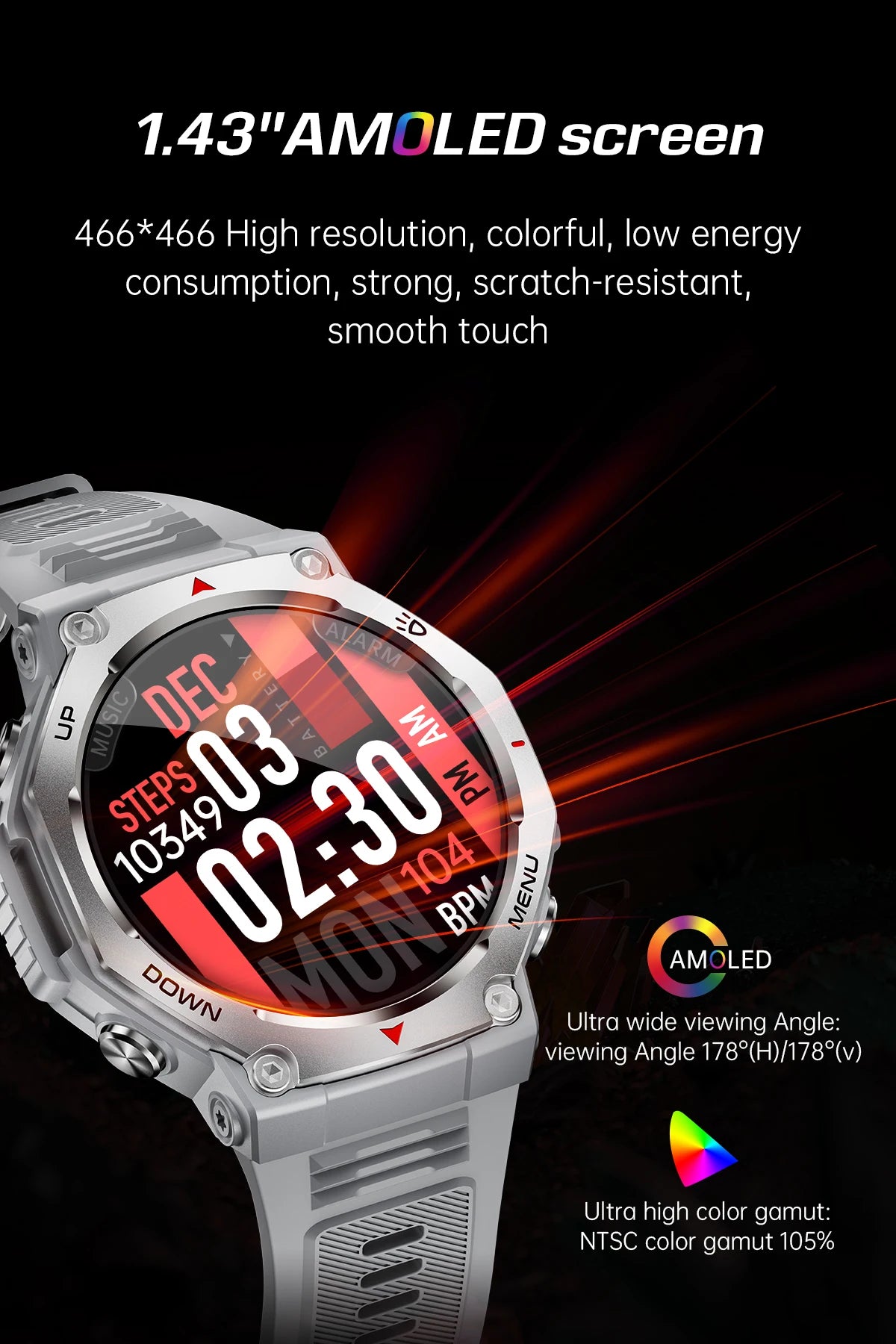 T-Rex 3 GPS Smart Watch 5ATM Waterproof 1.43 inch AMOLED HD Screen BT Call Flashlight Military Sport Smartwatches Men 2025 New