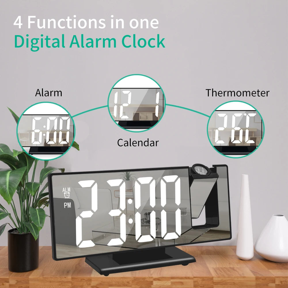 180° Arm Projection Alarm Clock Time Temperature USB Plug-in Digital Alarm Clock Snooze Table Clock 12/24H Projector LED Clock