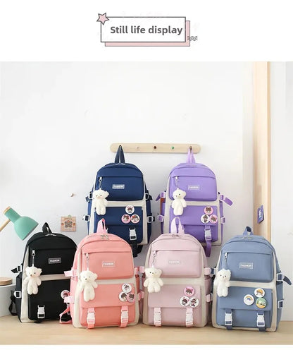 Five-Piece Set Large Capacity Fashionable Double Shoulder Backpack for Junior And High School Girls Primary School Students