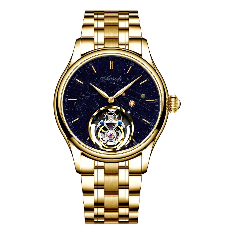 AESOP Mens Luxury Real Flying Tourbillon Mechanical Sapphire Waterproof Watch Skeleton Watches for Men Wristwatches Male 2025 A
