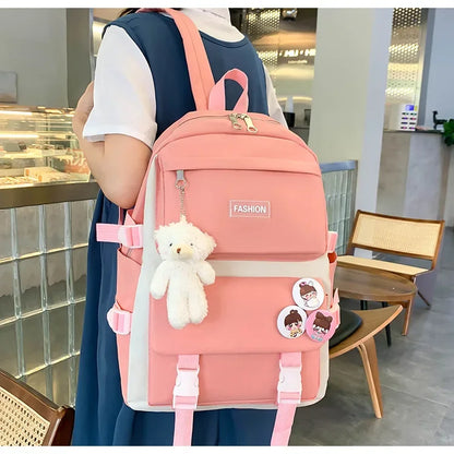 Five-Piece Set Large Capacity Fashionable Double Shoulder Backpack for Junior And High School Girls Primary School Students