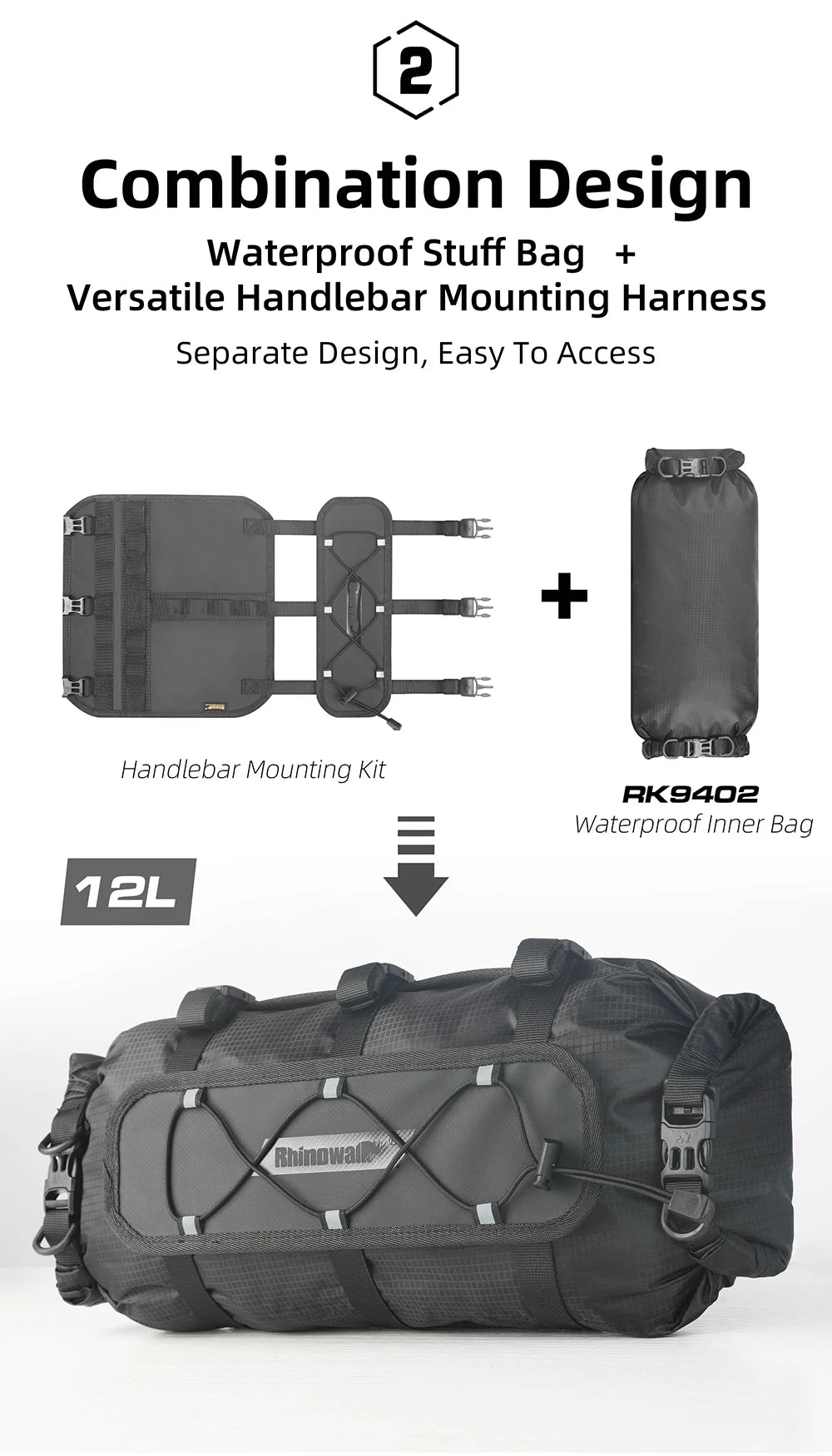 Rhinowalk Bicycle Handlebar Bag 12L Waterproof Bike Mounts Set Bike Bag Base With Replaceable Inner Dry Bag Luggage Storage