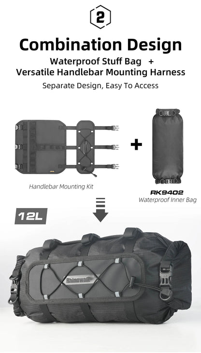 Rhinowalk Bicycle Handlebar Bag 12L Waterproof Bike Mounts Set Bike Bag Base With Replaceable Inner Dry Bag Luggage Storage