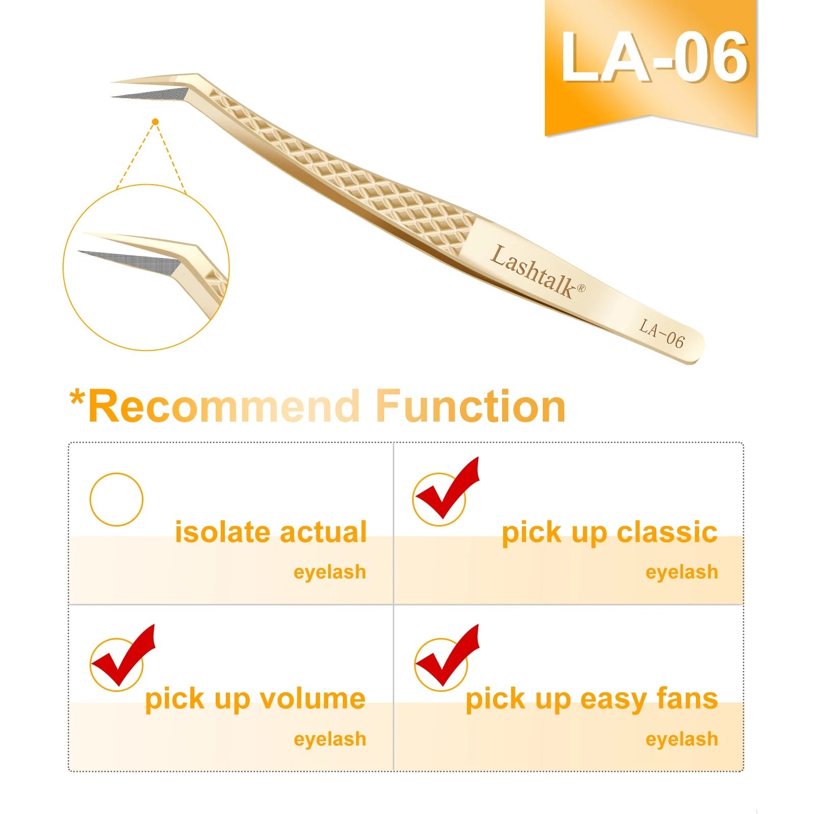 Lashtalk Precision Fiber Tip Tweezer Eyelash Extensions Diamond Grip Anti-Slip Premium Gold Stainless Steel Makeup With Box Pack RELUX.STORE