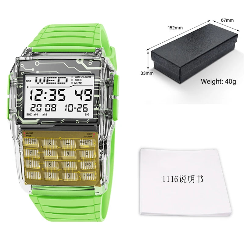 Computer Style Stainless Steel Strap Watch Men's Calculator Watch Multifunctional Led Watch Plastic Case Men's Watch Top Luxury