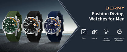 BERNY 20Bar Diver Men Mechanical Watch Miyota 8215 Super Luminous Sapphire Swiming Automatic Self Wind Silicone Men Wristwatch