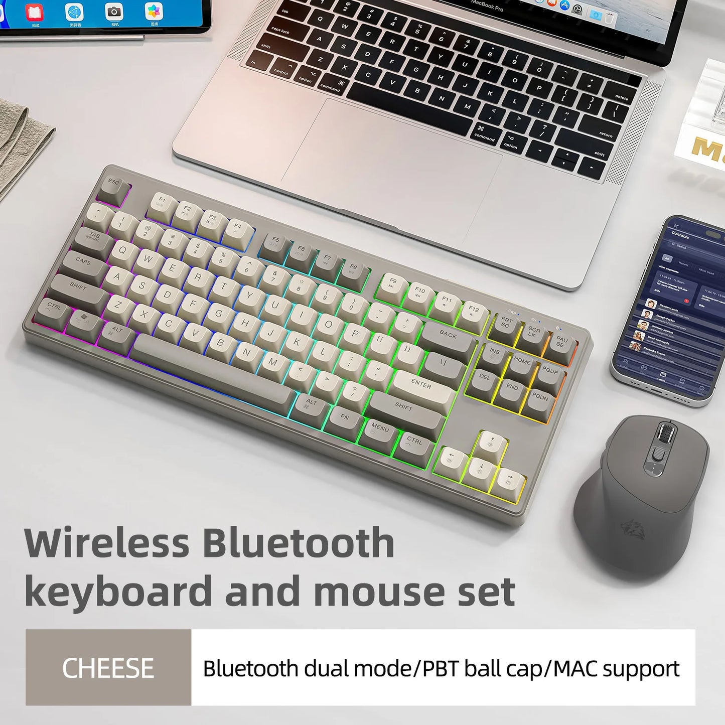 M87 Wireless Keyboard Gaming,87keys Dual Mode Bluetooth Keyboard with Rainbow-light RGB,PBT Ballcaps for Silent Office Gaming