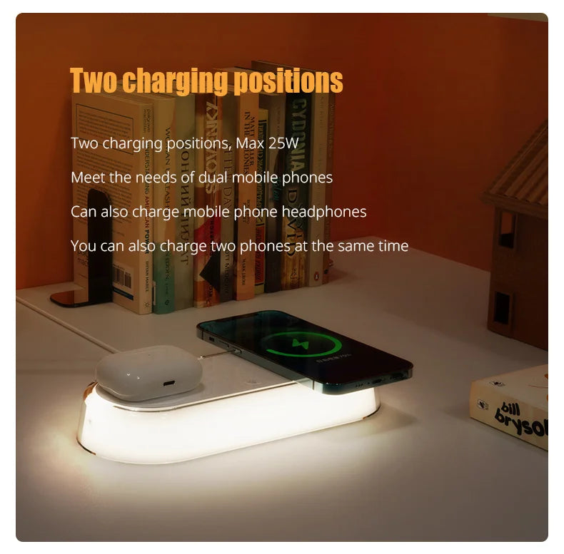 Wireless Charger Alarm Clock Time LED Light Thermometer Earphone Phone Charger 15W Fast Charging Dock Station for iPhone Samsung