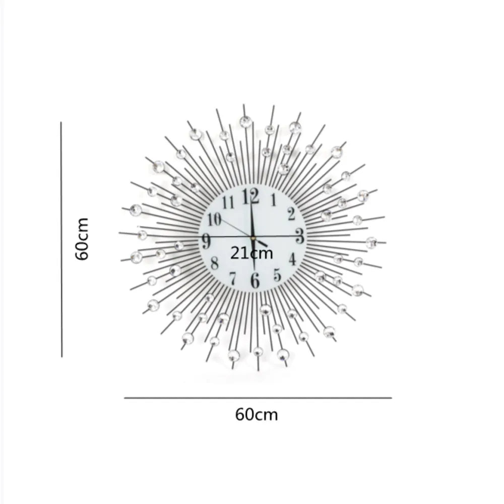 3D Large Metal Sunburst Wall Clock Luxury Battery Operated Home Decor Modern Round Diamond Large Luxury Art Wall Watch 60x60cm