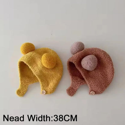 Cute Winter Warm Kids Girl Boys Baby Hats Fleece Wool Hemming Caps with Ball Solid Wool Ear Protection Hats Soft Newborn Bonnet