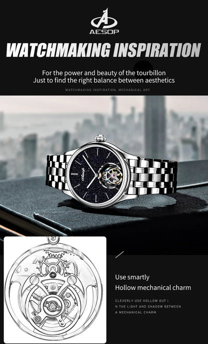 AESOP Mens Luxury Real Flying Tourbillon Mechanical Sapphire Waterproof Watch Skeleton Watches for Men Wristwatches Male 2025 A
