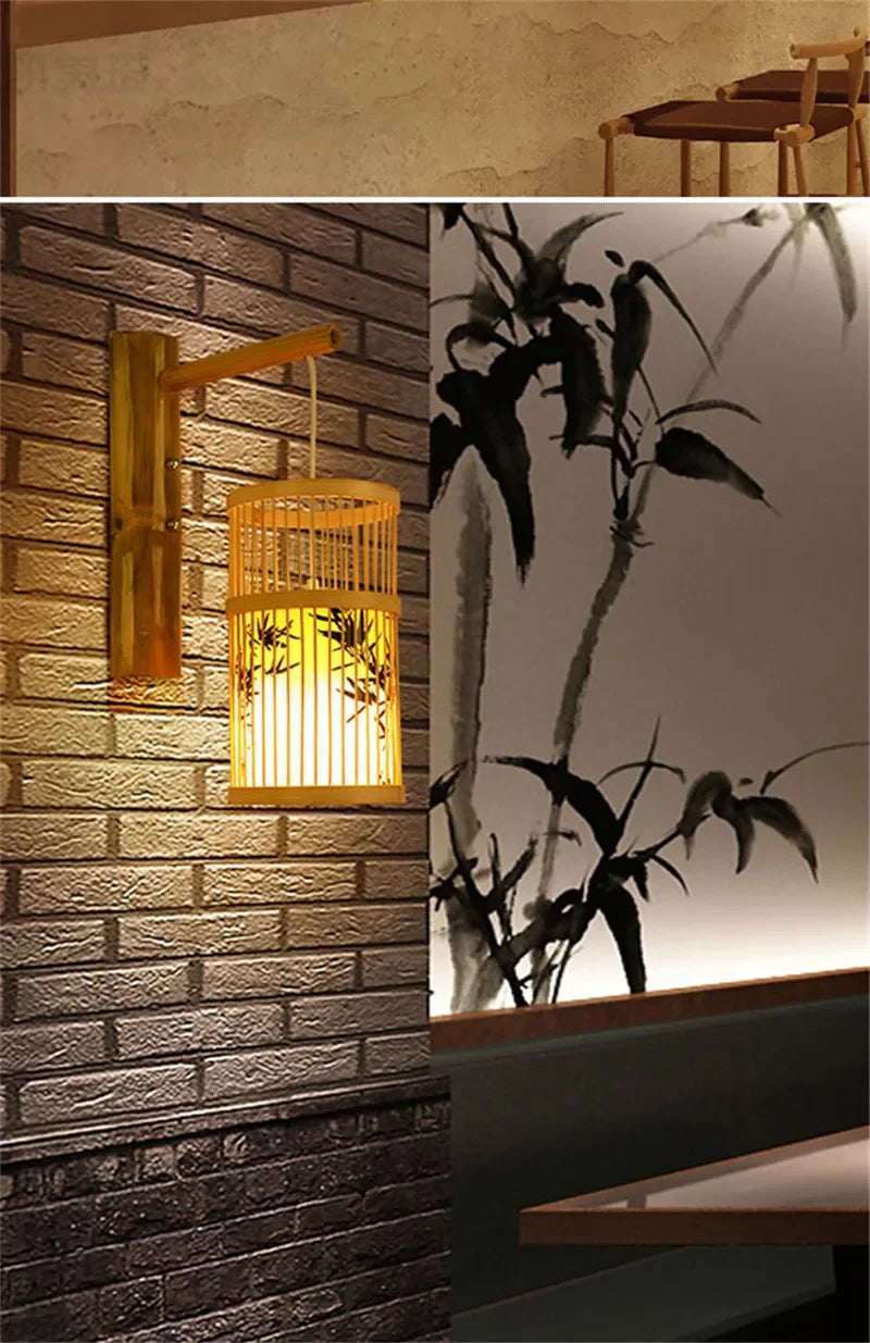 SAMAN Modern Bamboo Art Wall Lamp Bamboo Weaving Creative Living Room Restaurant Bedroom StudyTea Homestay LED Retro Wall Light
