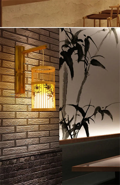 SAMAN Modern Bamboo Art Wall Lamp Bamboo Weaving Creative Living Room Restaurant Bedroom StudyTea Homestay LED Retro Wall Light