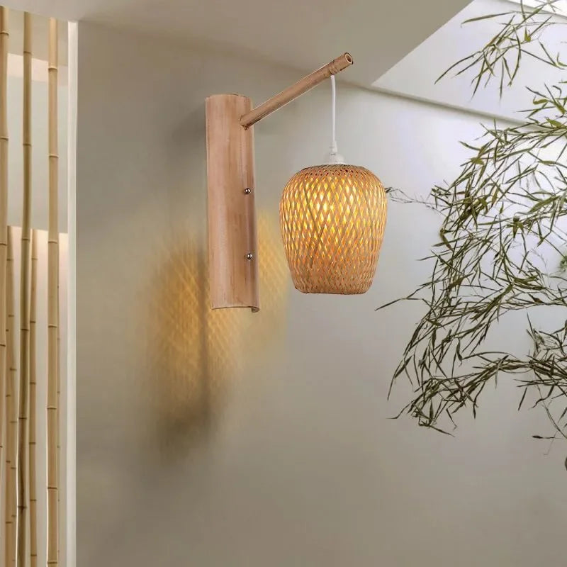 SAMAN Modern Bamboo Art Wall Lamp Bamboo Weaving Creative Living Room Restaurant Bedroom StudyTea Homestay LED Retro Wall Light