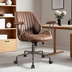 Ergonomic Mid-Century Modern Leather Office Chair with Lumbar Support High Back Swivel Rolling Executive Chair for Home Use