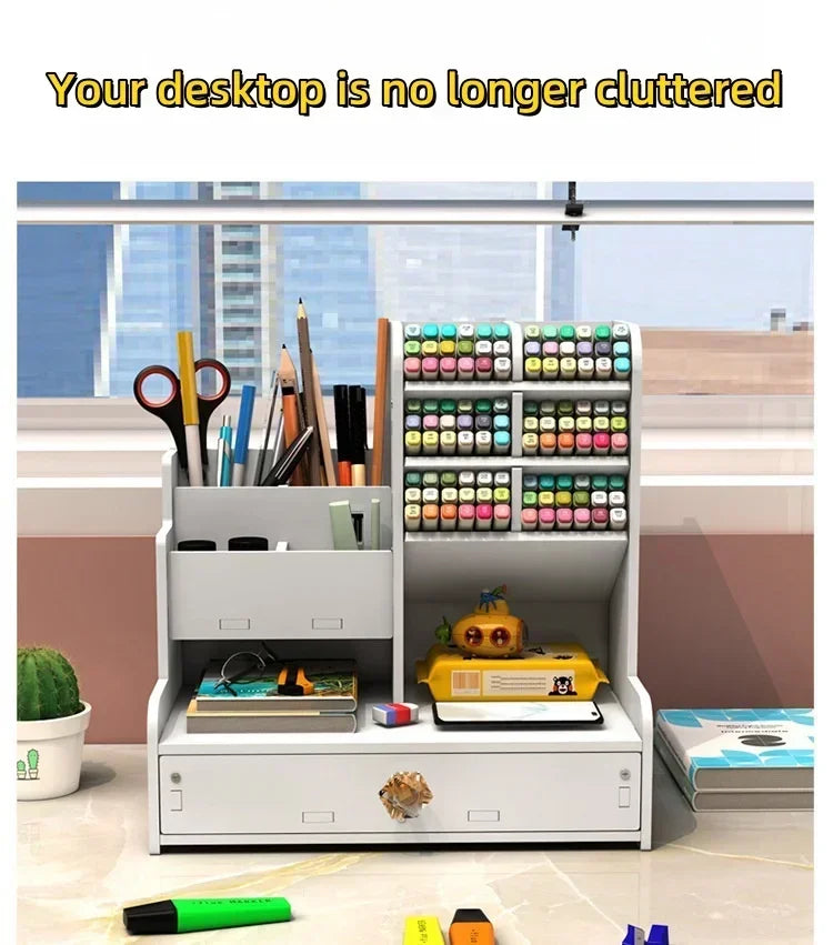 Wooden Desk Organiser DIY Desktop Tidy Pen Holder Large Capacity Stationery Storage Box with Drawer for Home Office and School