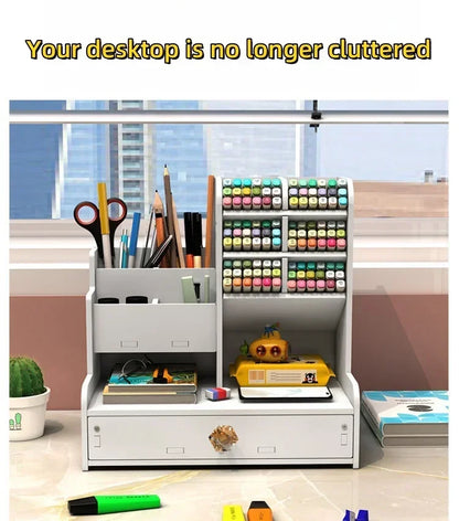 Wooden Desk Organiser DIY Desktop Tidy Pen Holder Large Capacity Stationery Storage Box with Drawer for Home Office and School