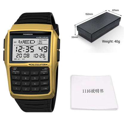 Computer Style Stainless Steel Strap Watch Men's Calculator Watch Multifunctional Led Watch Plastic Case Men's Watch Top Luxury