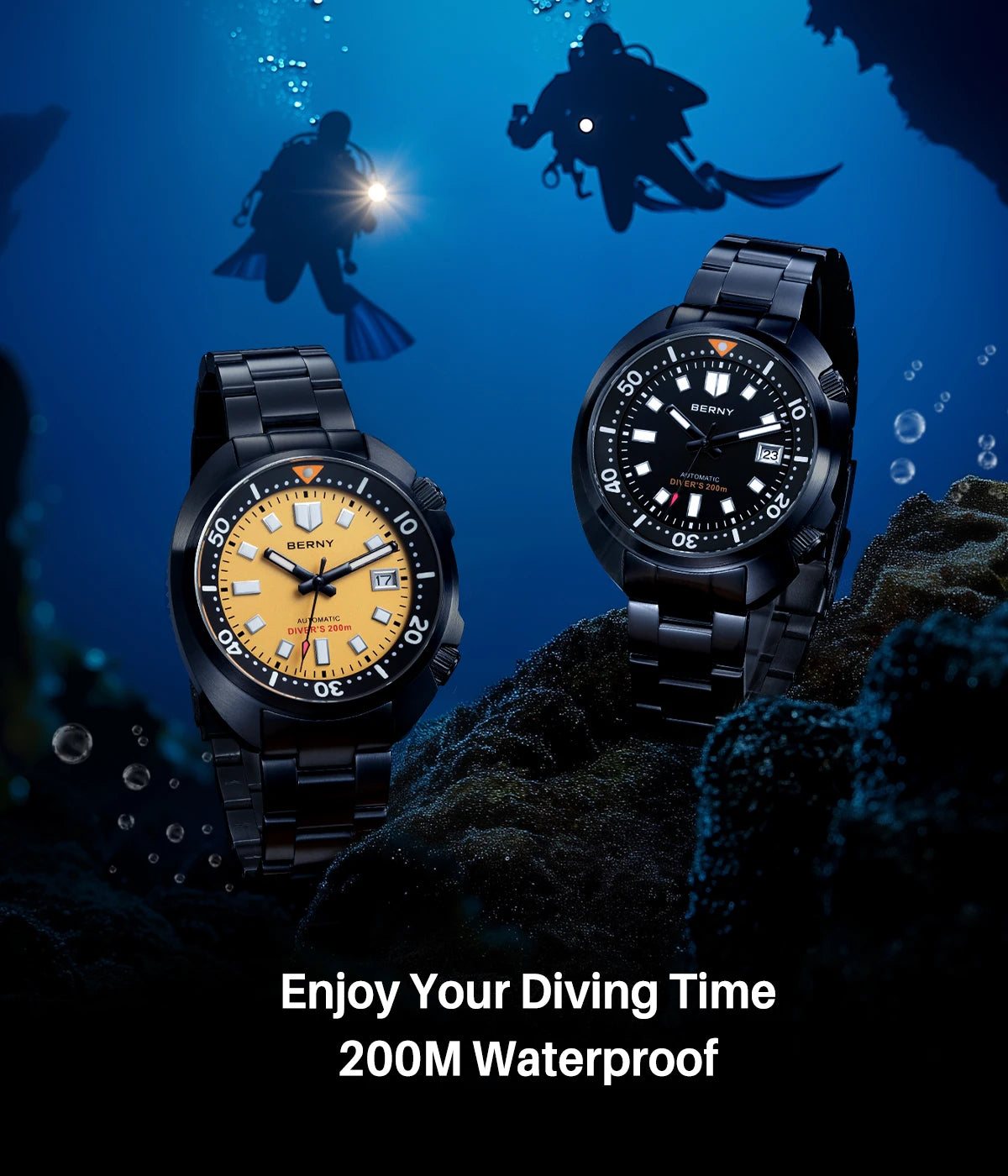BERNY 20ATM Diver Watch For Men Mechanical Black Dial Original Design Top Automatic Sapphire Luxury Diving Luminous Men Watch