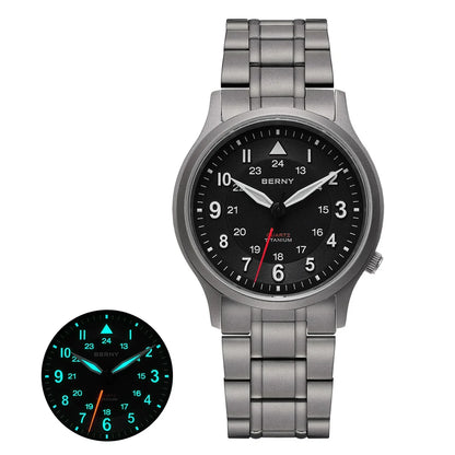 BERNY Titanium Watches for Men Classic Mens Field Pilot Watch Easy Read Outdoor Quartz Wristwatch Super Luminous Sapphire 5ATM