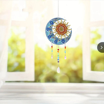 1 Acrylic Double-sided Super Flash Crystal Diamond Painting Captures Scenery Sun Moon Heart Tree Pattern DIY Wind Chimes