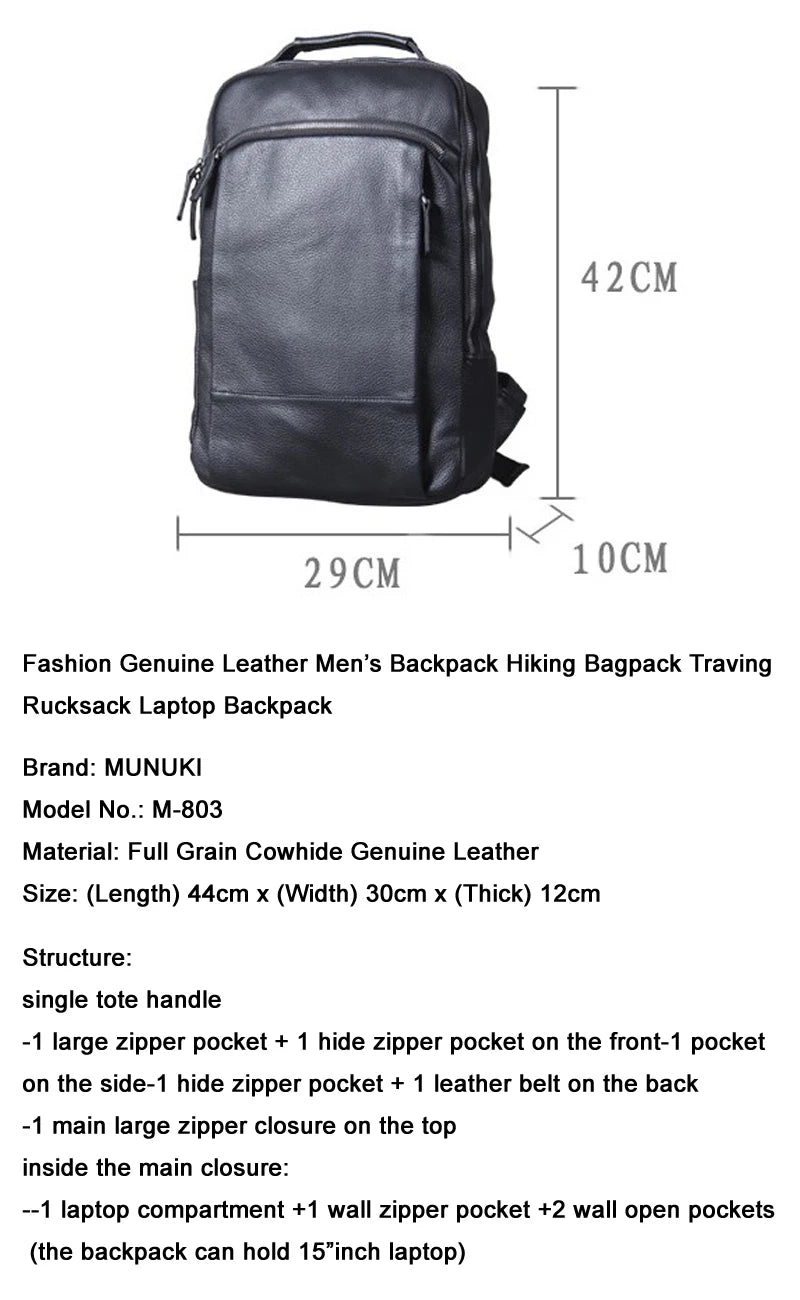 High Quality Fashion Genuine Leather Backpack Men Bagpack Student School Bag Backpack daily male Rucksack large Knapsack Black