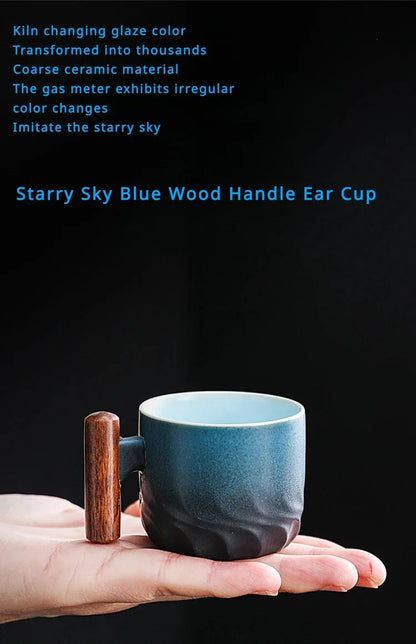 Handmade Ceramic Coffee Mug with Wooden Handle - Retro Tea Cup, Office Water Cup Filter Design, Unique Birthday Gift