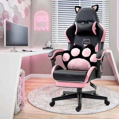 Cute Gaming Chair with Lumbar Cushion and Decorated Ears, Ergonomic Computer Chair with Footrest, Reclining PC Game Chair