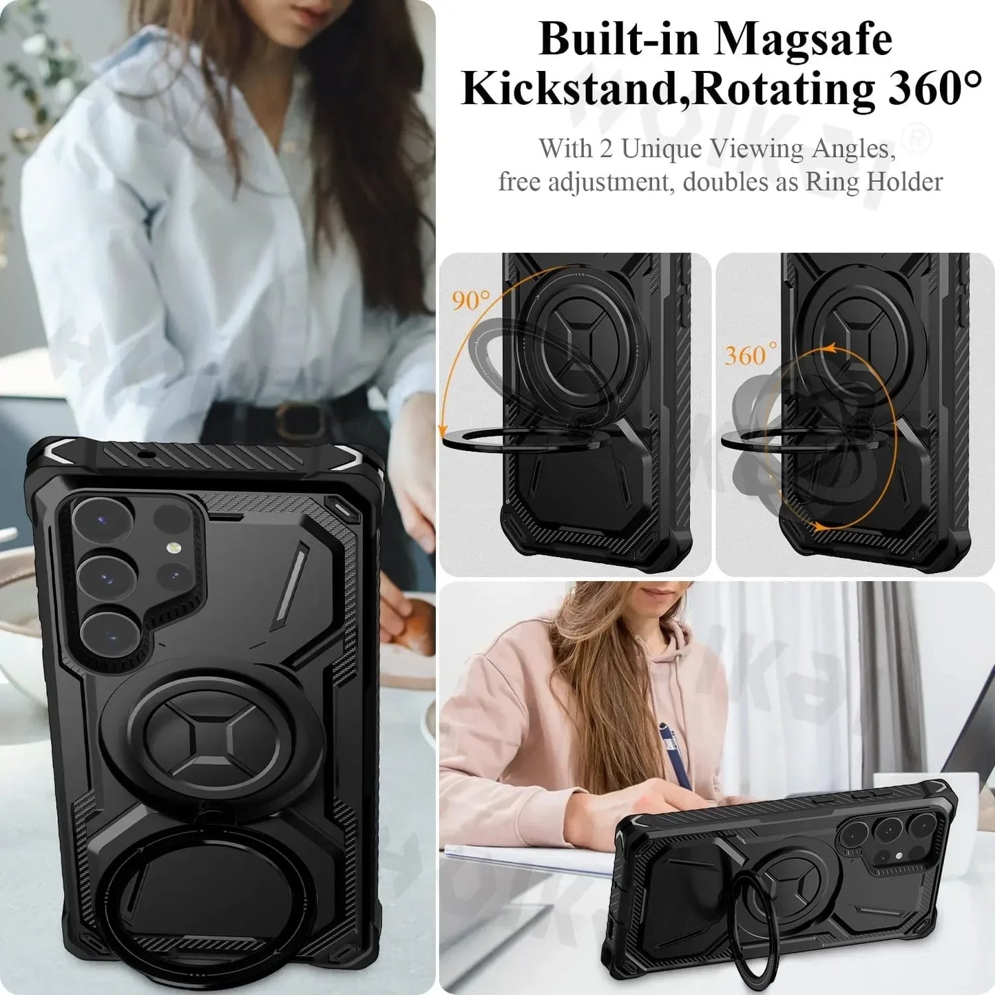 Case for Samsung Galaxy S25 Ultra S24 Ultra S23 Magnetic Mag-Safe Heavy Duty Shock Absorption Body Protective Rotatable Kickstan