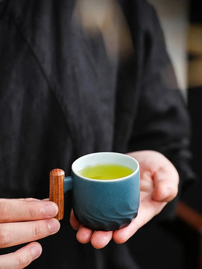 Handmade Ceramic Coffee Mug with Wooden Handle - Retro Tea Cup, Office Water Cup Filter Design, Unique Birthday Gift