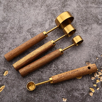 Gold Wooden Handle Stainless Steel Measuring Cups Spoons Baking Tools Coffee Measuring Spoon Set Bartending Scale Accessories